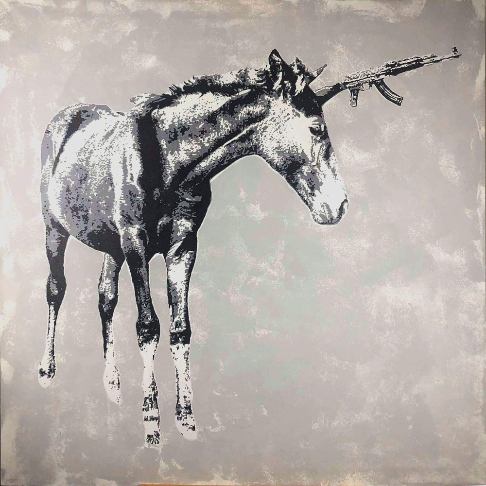 I͡Uriĭ Kutafin (Novan) "Unihorse" 2019. Canvas, stencil, MTN aerosol paint, liquid Black/White marker