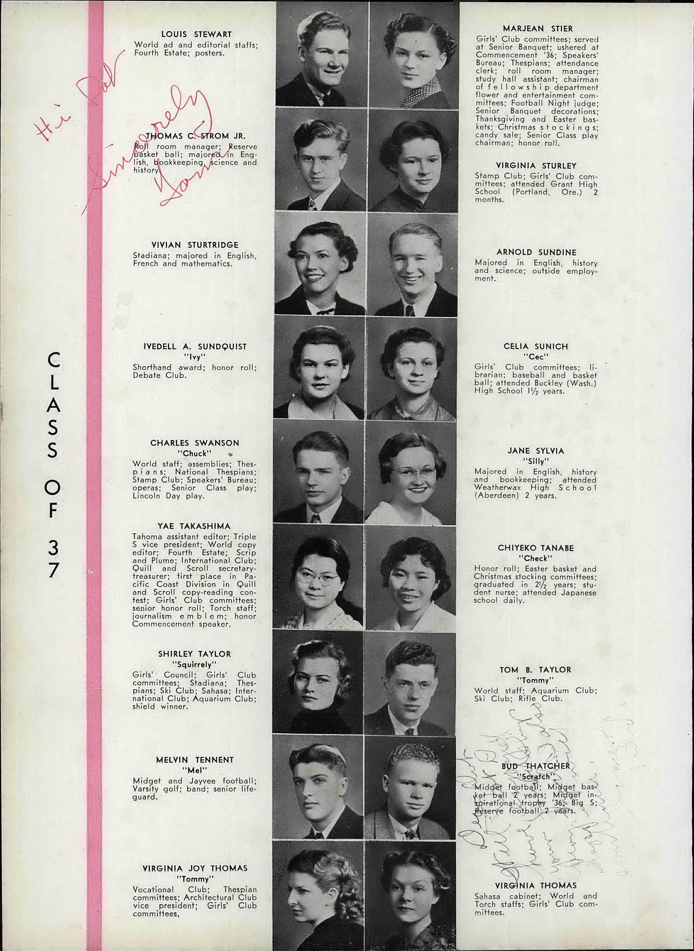 Chiyeko Tanabe in Stadium High School's Yearbook, pictured fourth from the bottom on the right. Courtesy AncestryLibrary.com