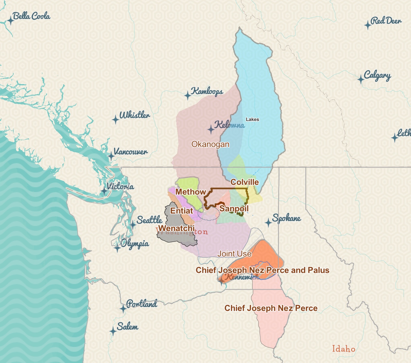 Map of Traditional Colville Tribe Territories. Confederated Tribes of the Colville Reservation, The History and Archaeology Program, Trisha Johnson. June 16, 2021.