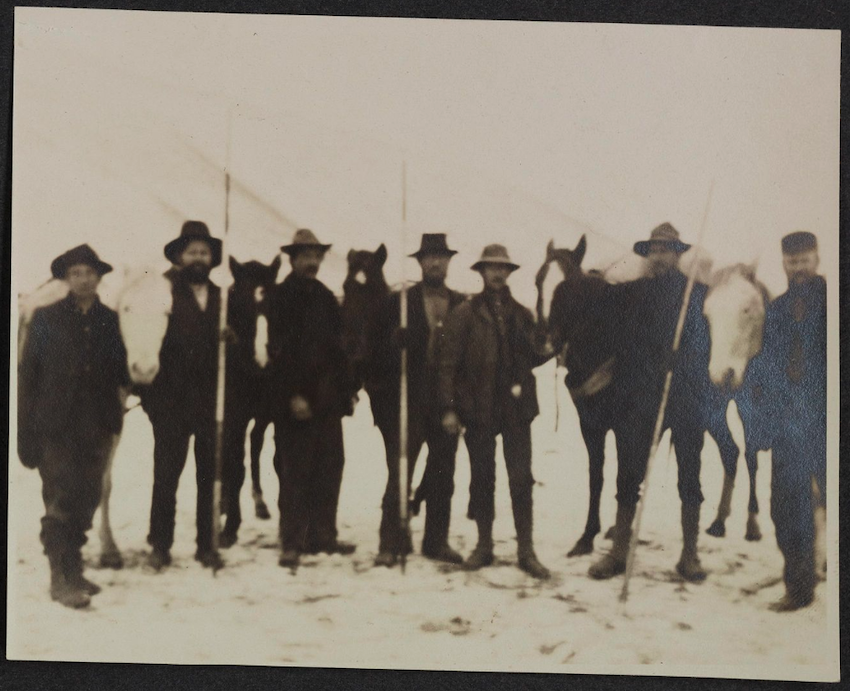 Survey Team at Nespelem in November of 1906. Whitham is third in from the left and Ernest Moore Foster is third in from the right. See page 14 of "Western and Indian Photo Album."
