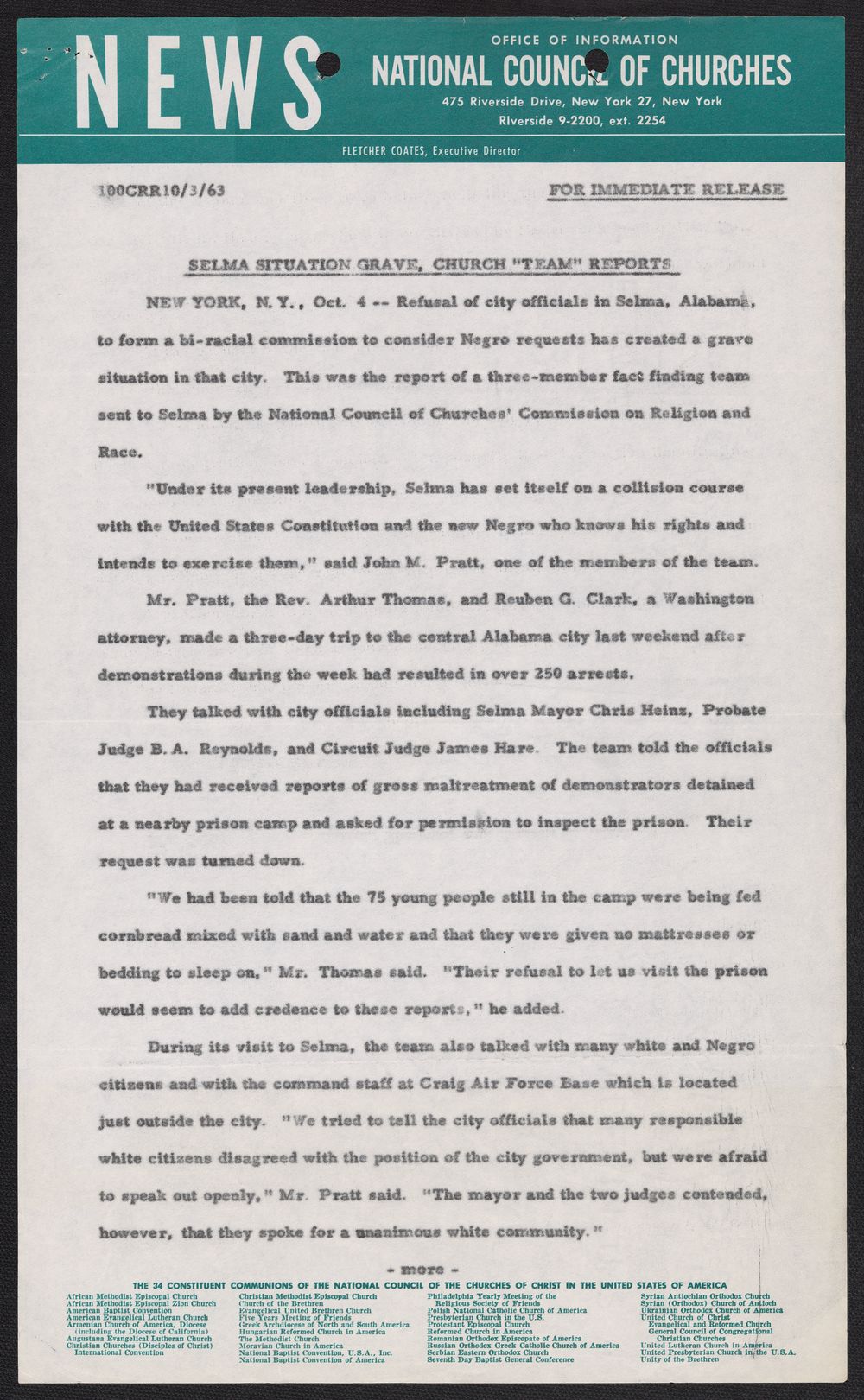 National Council of Churches Press Release about brewing problems in Selma, 1963