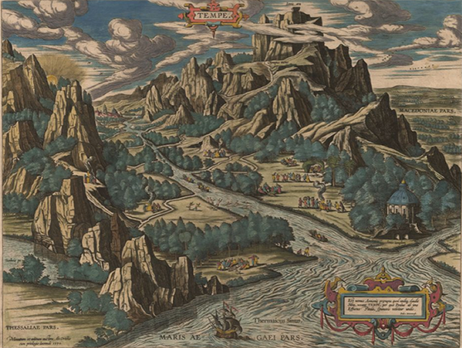 Bird's eye view of the Vale of Tempe at the foot of Mt. Olympus (1609). Photo by Princeton University Library