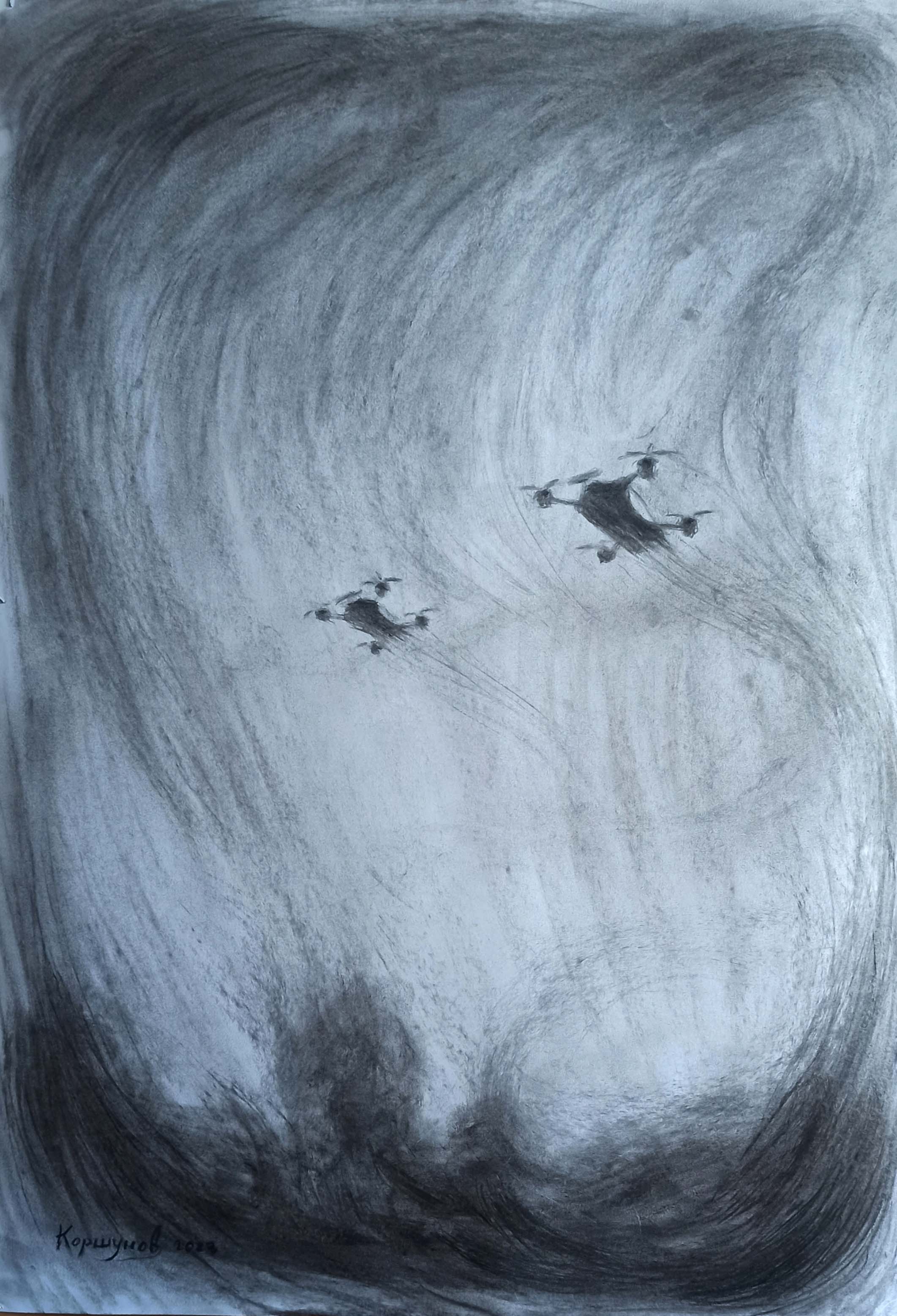 The sky is buzzing, paper, charcoal