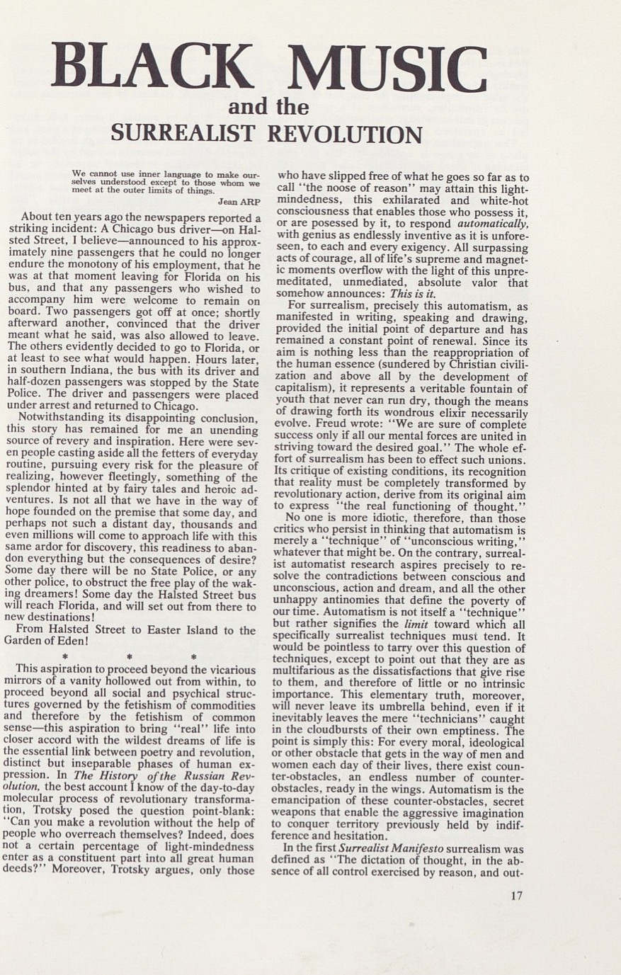 Franklin Rosemont, "Black Music and the Surrealist Revolution," Arsenal 3: Surrealist Subversion, 1976, 17-27