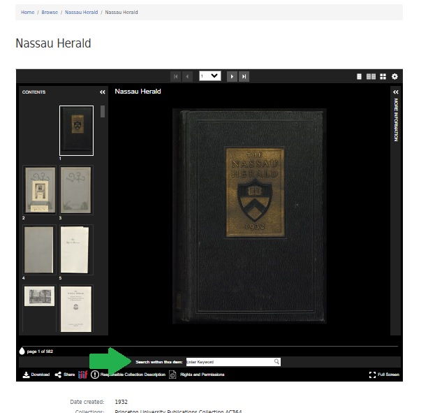 screenshot of the viewer for digitized materials showing searching within the digitized content using OCR