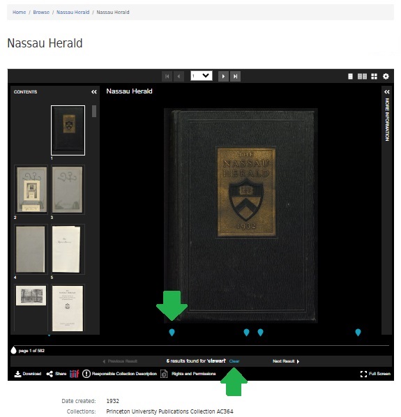 screenshot of the viewer for digitized materials showing search results