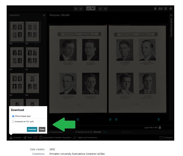 screenshot of the viewer for digitized materials showing download options