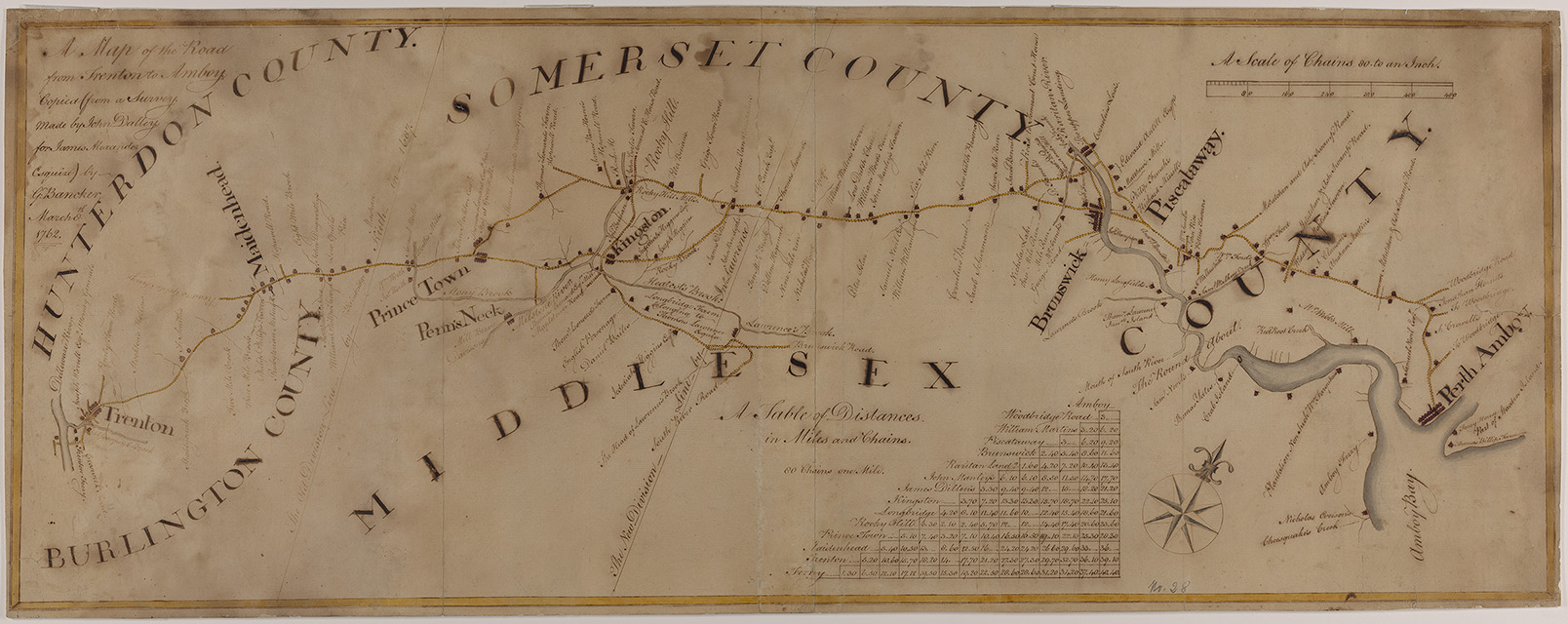 Image of a manuscript map of the Road from Trenton to Amboy Copied (from a Survey Made by John Dalley for James Alexander Esquire) by G: Bancker,” March 8, 1762. Pen and ink on paper, with some wash
