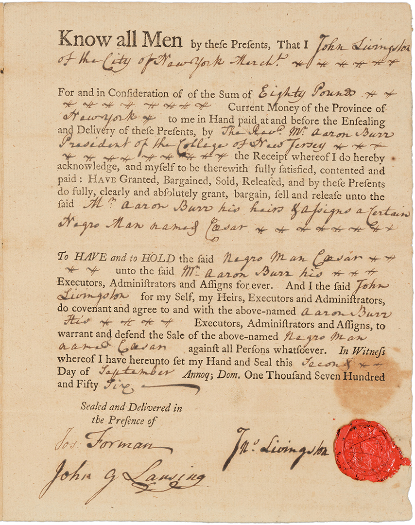 Image of a printed "Bill of sale for Caesar from John Livingston (1709-1791) to Aaron Burr Sr., 1756" with handwriting, signatures, and a red wax sealing