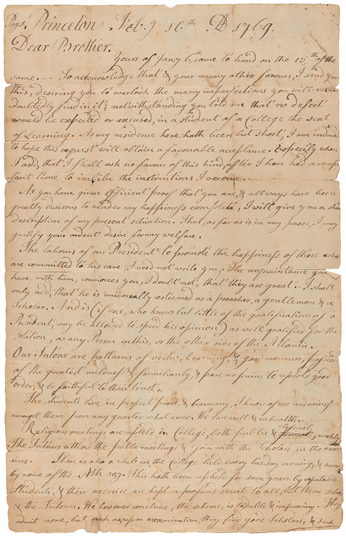 Image of a handwritten "Letter from Moses Allen (1748-1779), class of 1772, to Thomas Allen, February 16, 1769"