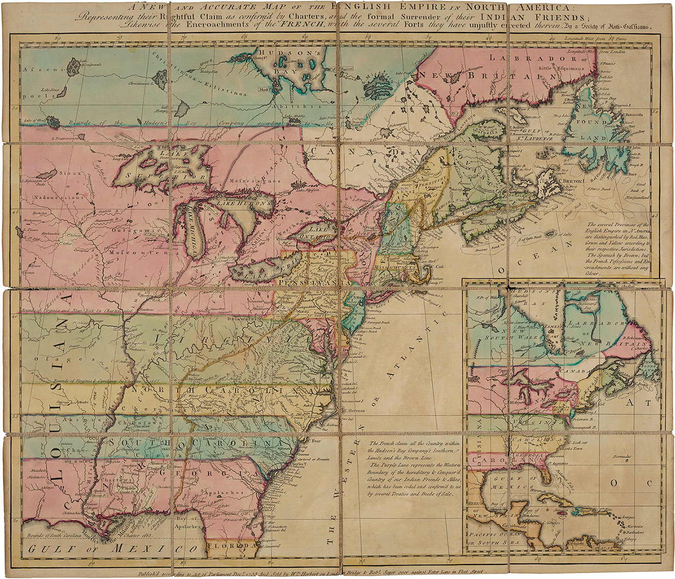 Image of a hand-colored engraving of "A New and Accurate Map of the English Empire in North America: Representing their Rightful Claim as Confirmed by Charters, and the Formal Surrender of their Indian Friends, 1755".