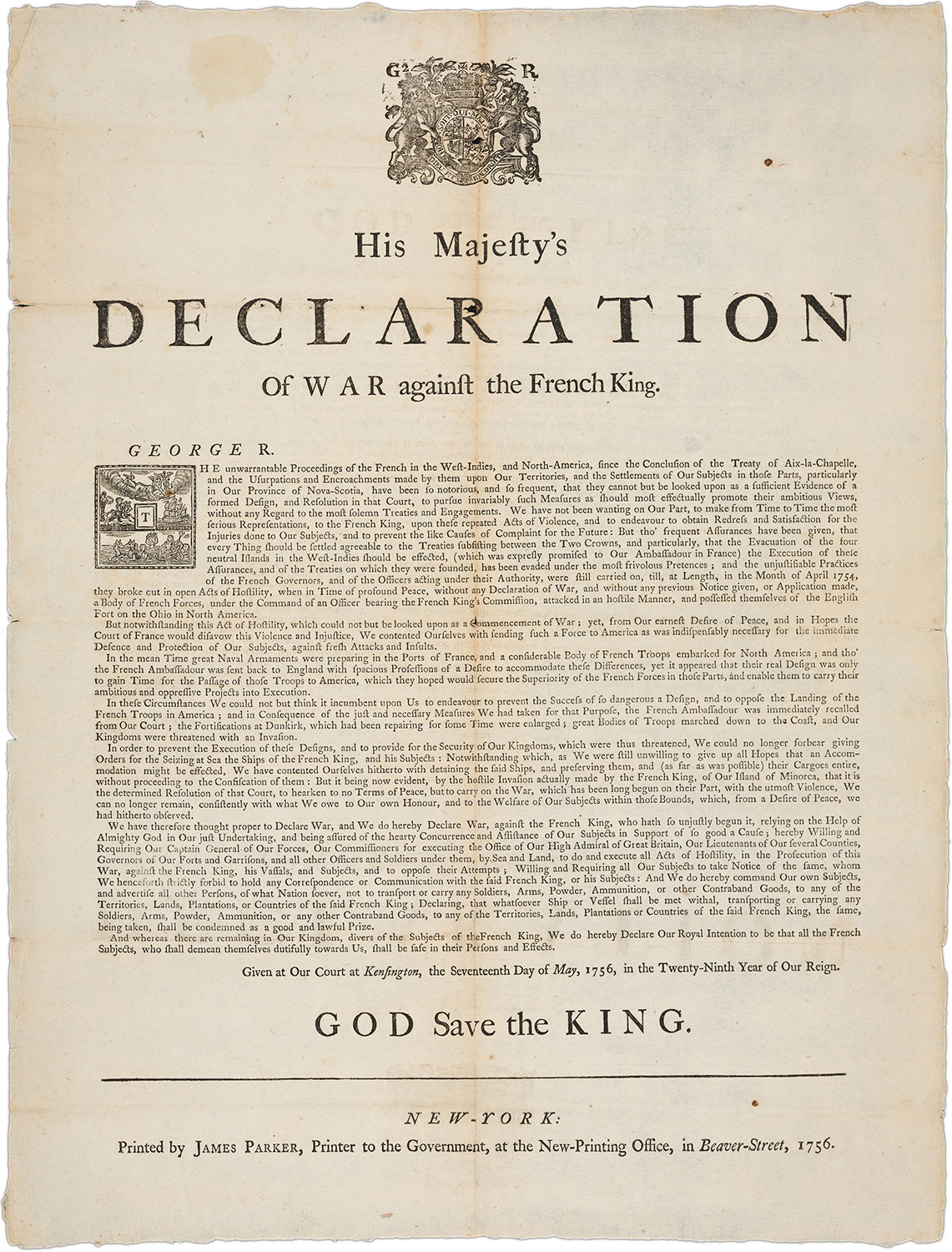 Image of a printed broadside of "His Majesty’s Declaration of War Against the French King, 1756"