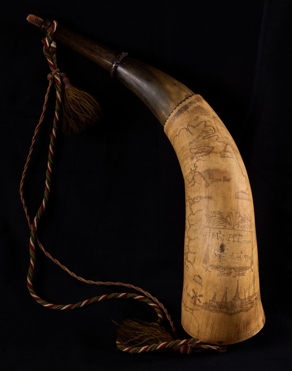 Image of a "Powder horn, engraved with a map of the route from New York to Canada"