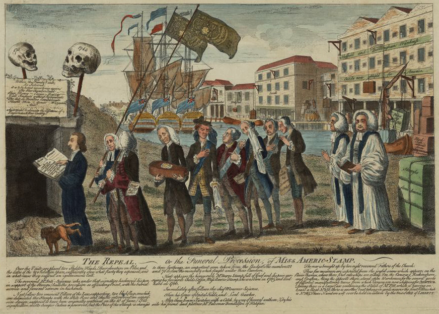 Image of a hand-colored engraving of "The Repeal. Or the Funeral Procession of Miss Americ-Stamp, 1766"