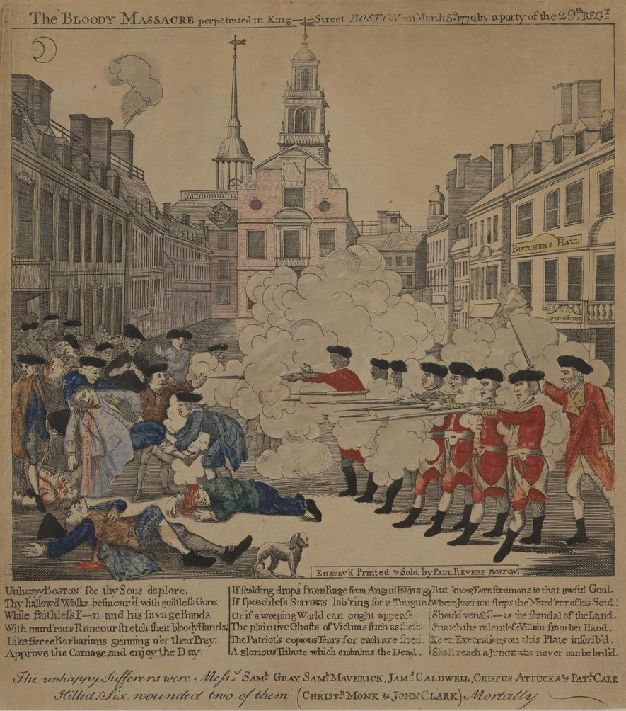Image of Revere's colored engraving, "The Bloody Massacre Perpetrated in King Street Boston on March 5th, 1770 by a Party of the 29th Regt."