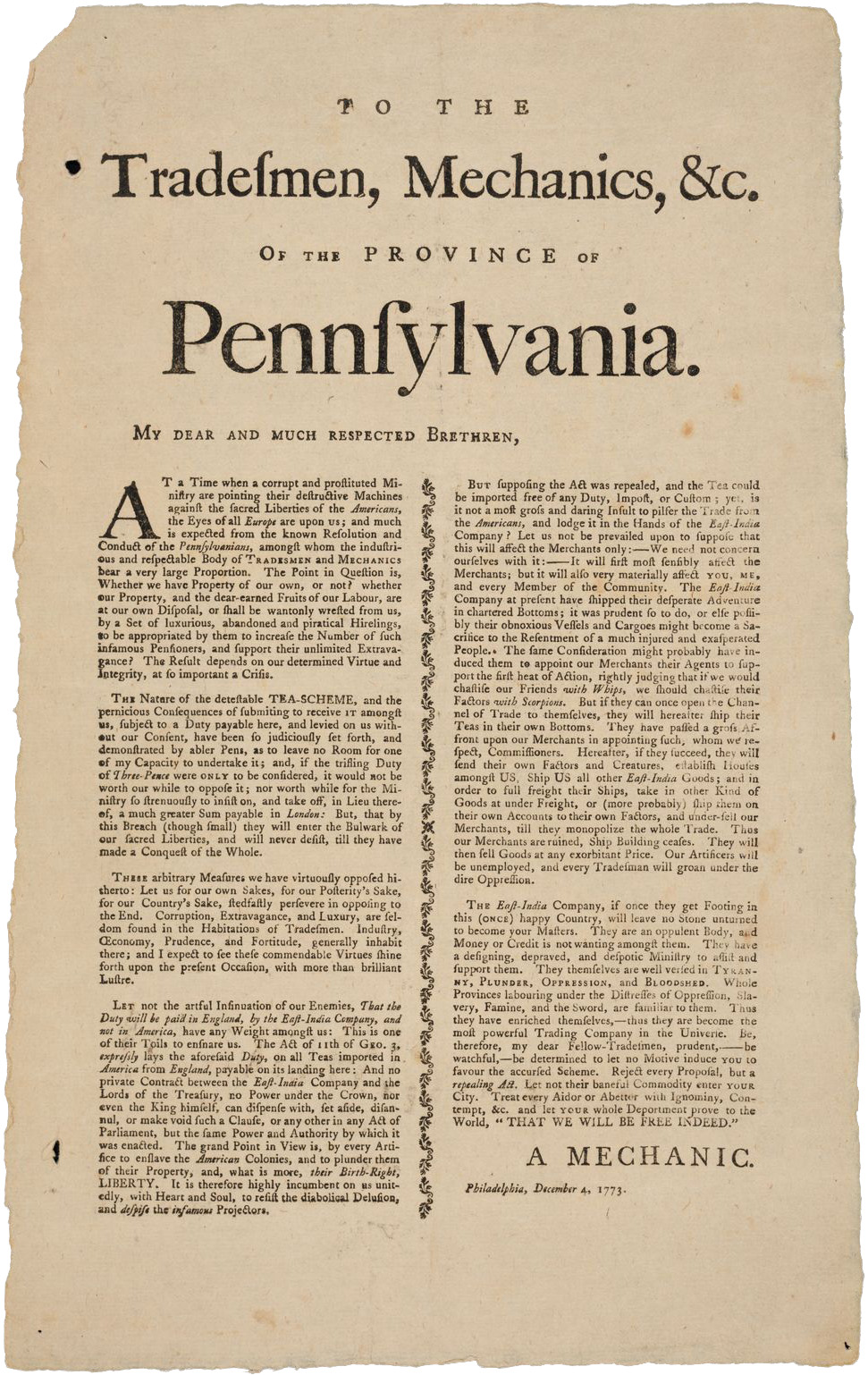 Image of the printed broadside "To the Tradesmen, Mechanics, &c. of the Province of Pennsylvania, 1773"