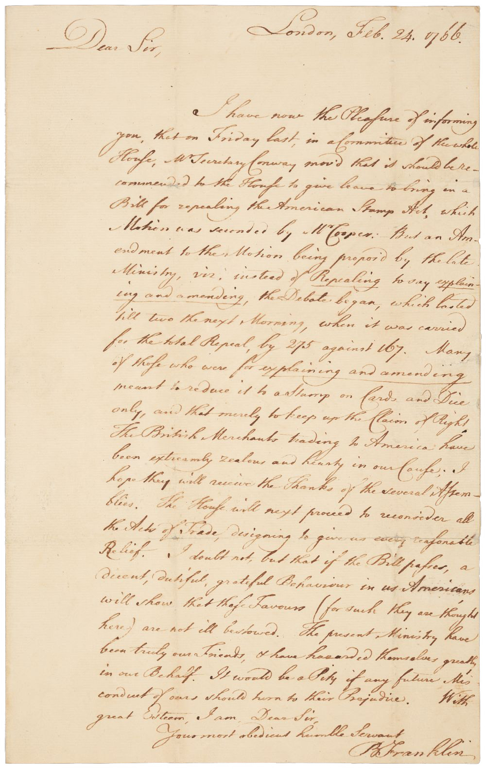 Image of handwritten "Letter from Benjamin Franklin (1706-1790) to Joseph Fox, February 24, 1766"