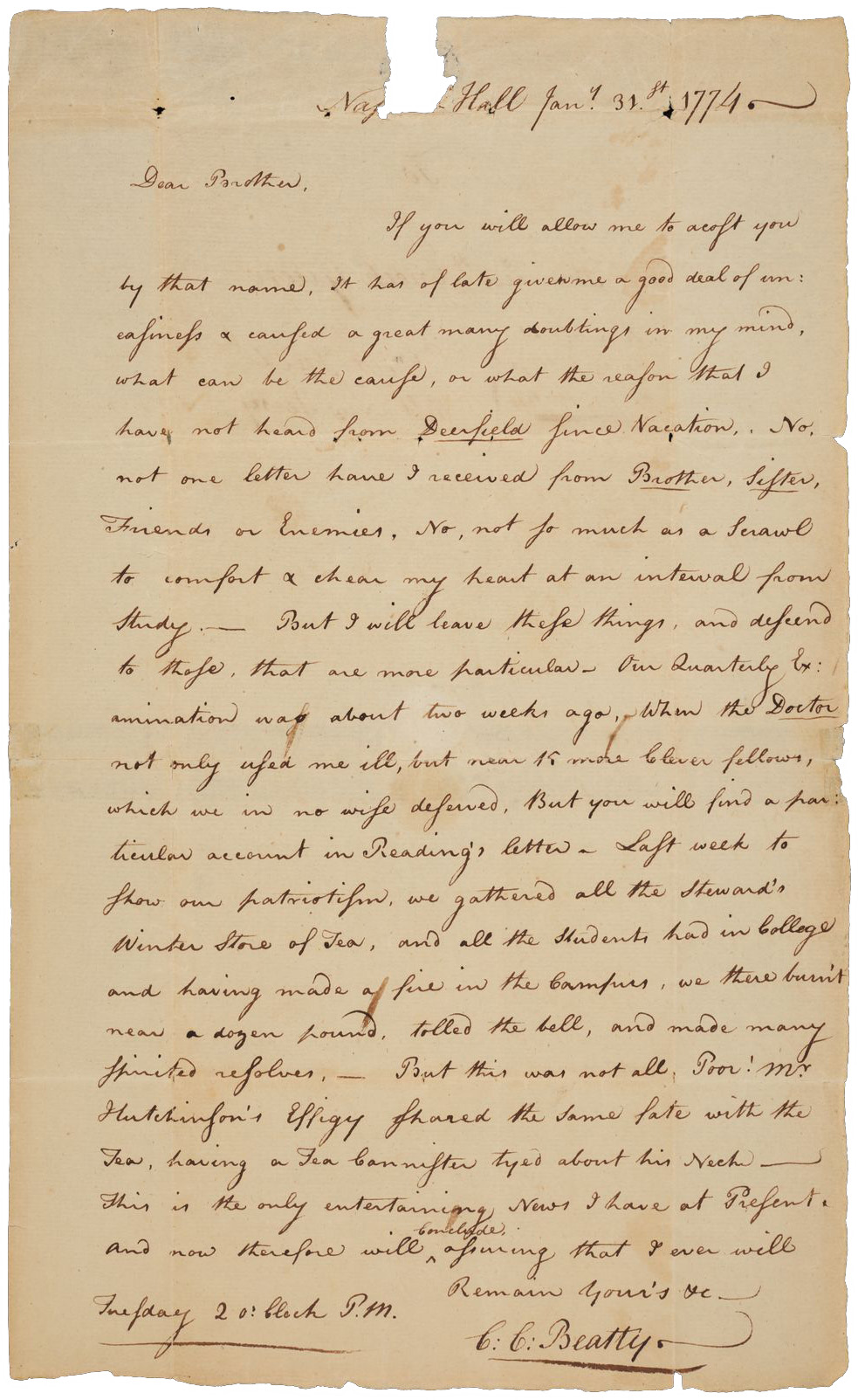 Image of handwritten "Letter from Charles Clinton Beatty (1756-1776), Class of 1775, to Enoch Green, Class of 1760, January 31, 1774"