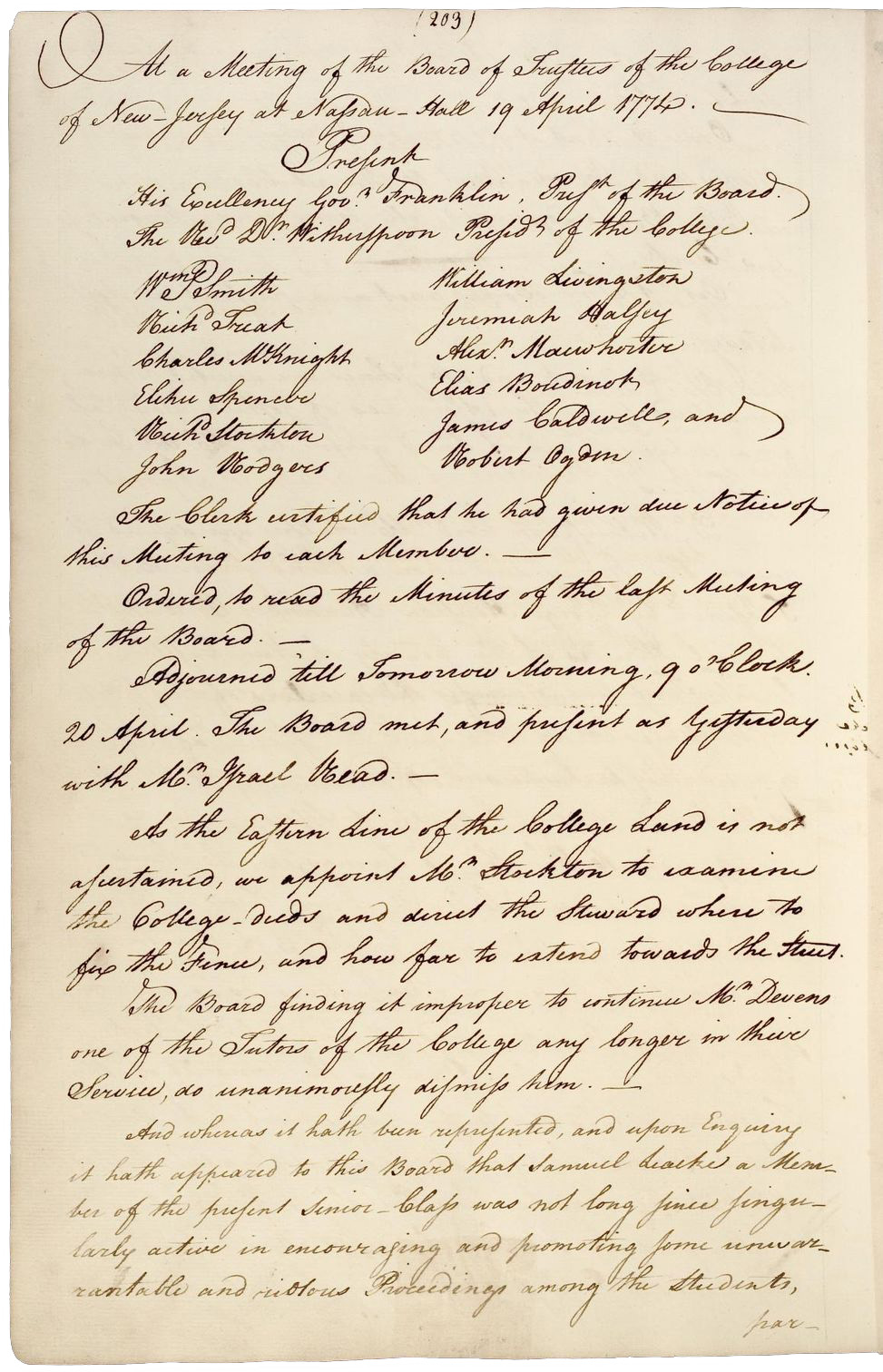 Image of handwritten page from "Board of Trustees Minutes, April 19, 1774"