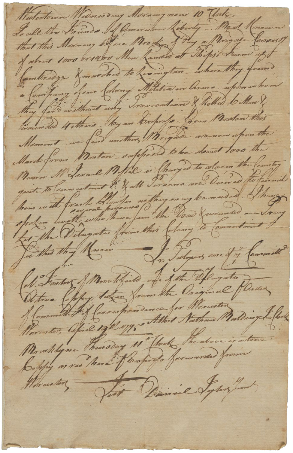 Image of "The Lexington Alarm, by Daniel Tyler, Jr., for the Committee of Brooklyne, forwarding the announcement of the British attack at Lexington, April 20, 1775"