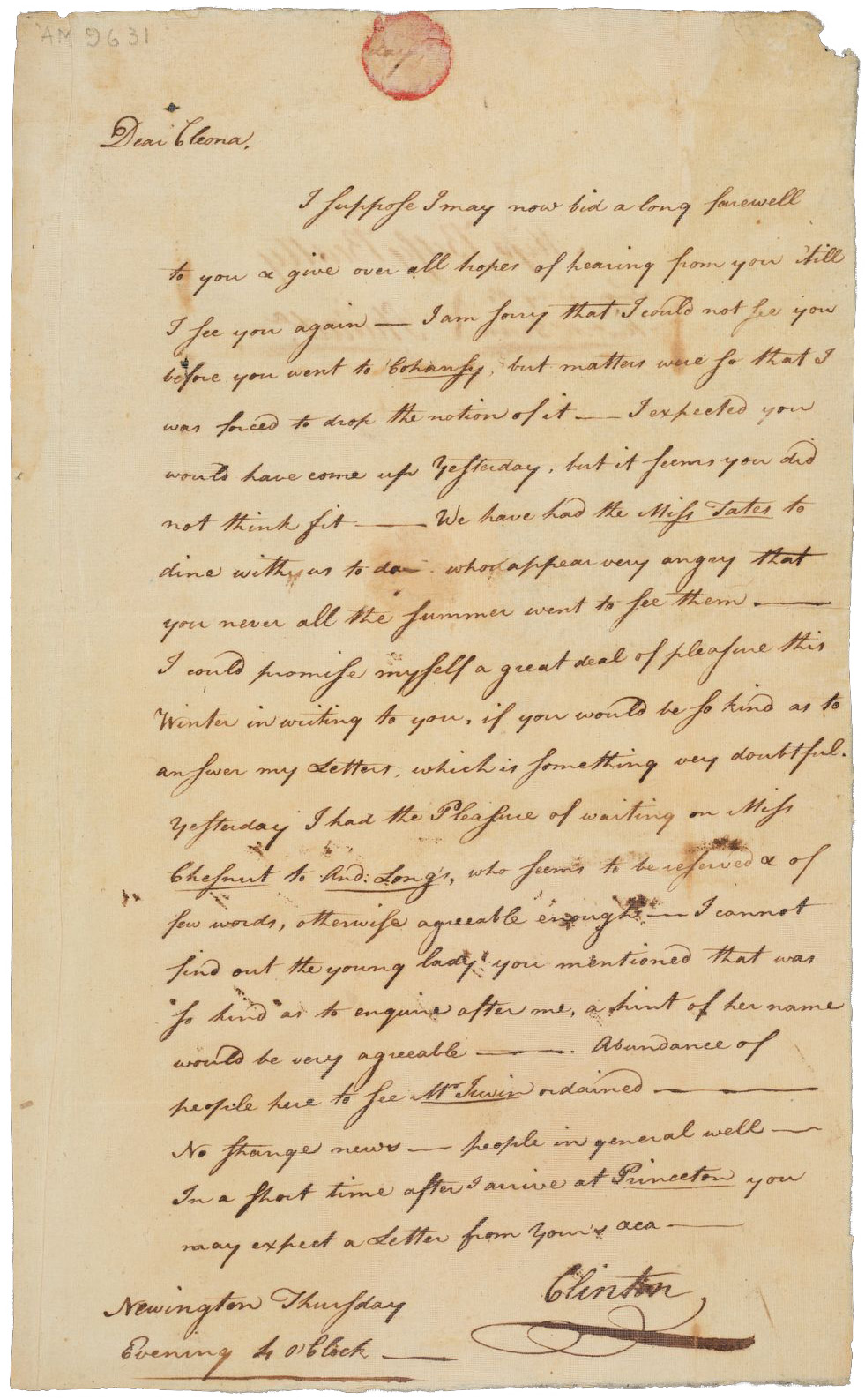 Image of "Letter from Charles Clinton Beatty (1756-1776), Class of 1775, to Betsy Beatty, May 28, 1775"