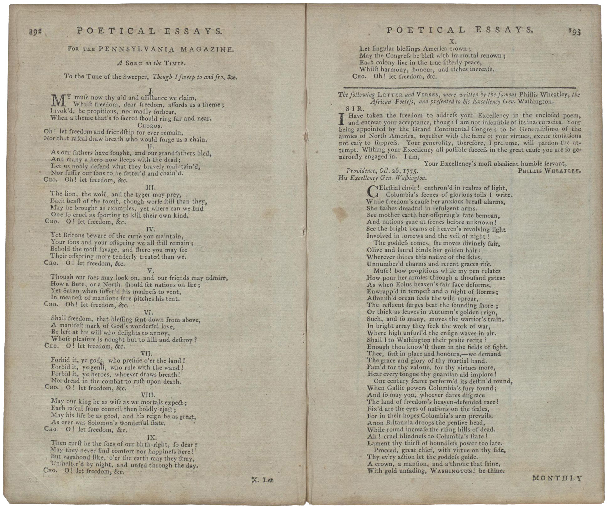 Image of two pages containing a "Letter and poem to George Washington, October 26, 1775, in The Pennsylvania Magazine: or, American Monthly Museum"