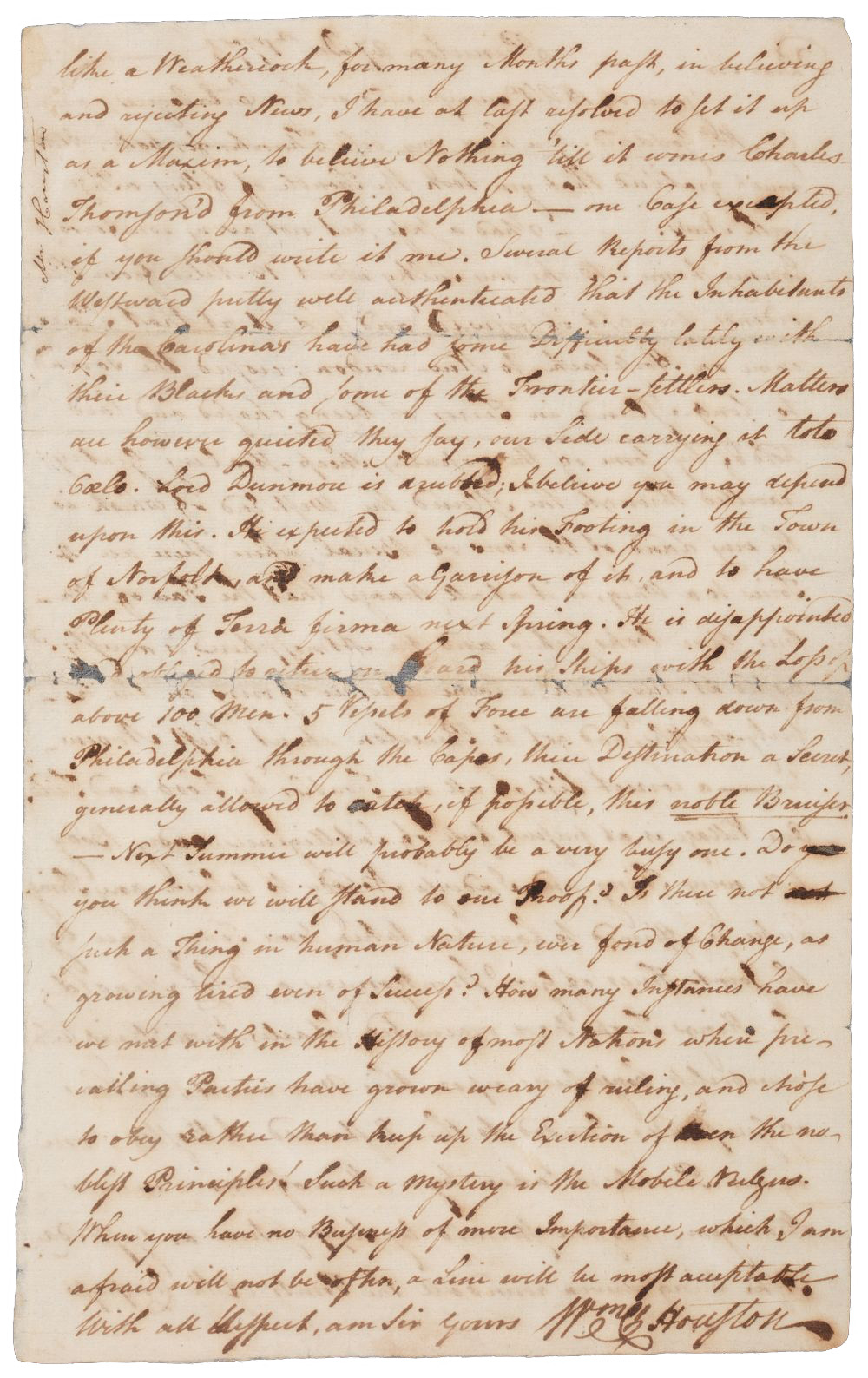 Image of "Letter from William Churchill Houston (1746–1788), Class of 1768, to John Winthrop, December 27, 1775"