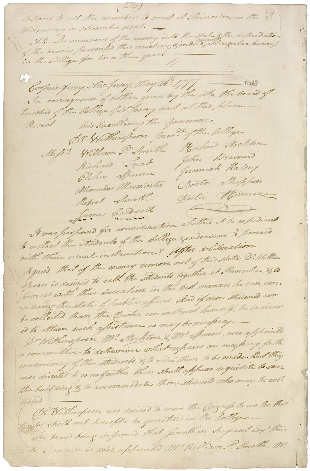 Image of page from "Board of Trustees’ Minutes, May 24, 1777"