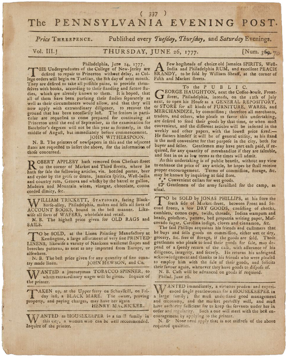 Image of front page of "Pennsylvania Evening Post, and Daily Advertiser, June 26, 1777"