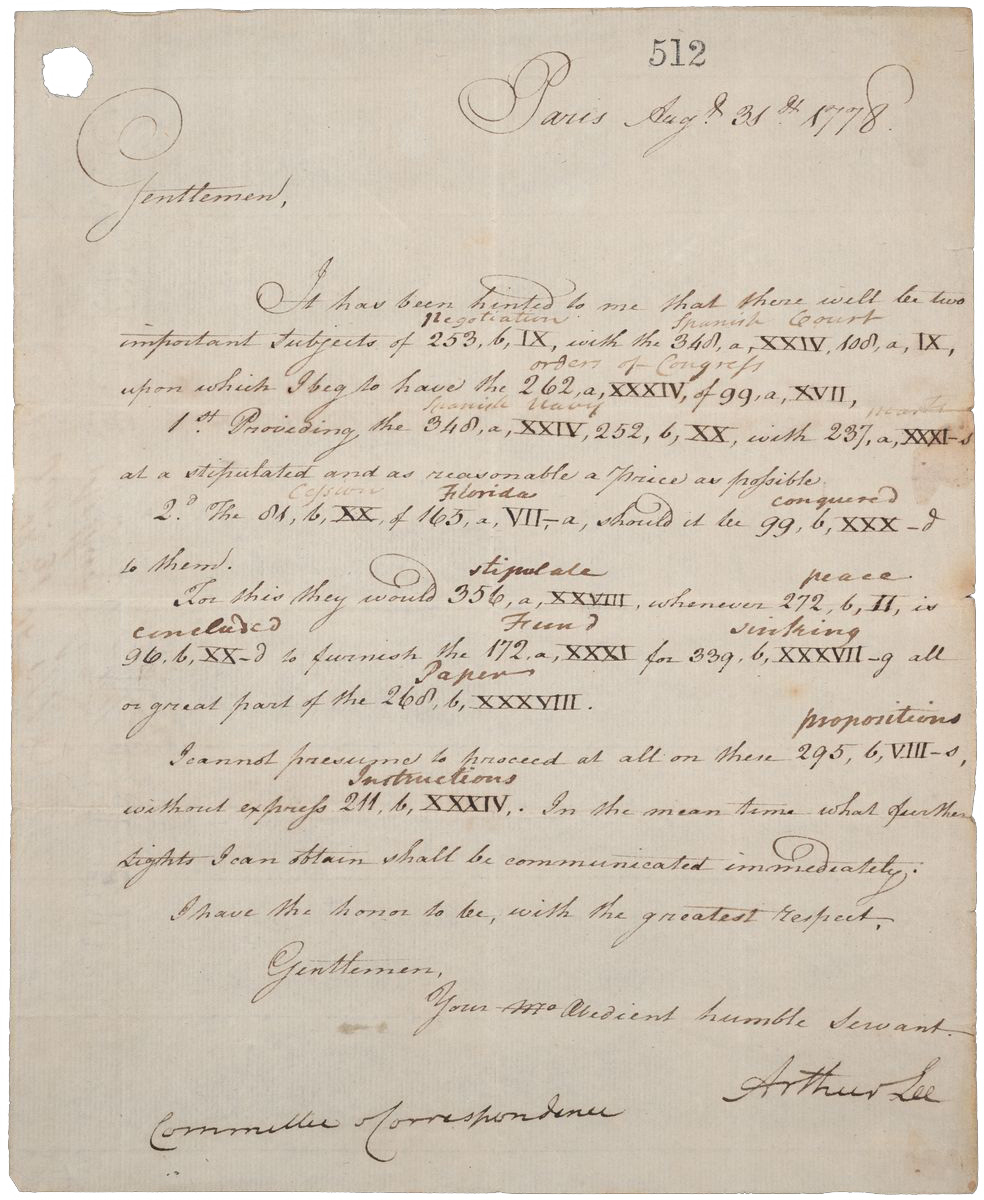 Image of "Letter from Arthur Lee (1740-1792) to the Continental Congress's Committee of Correspondence, August 31, 1778"