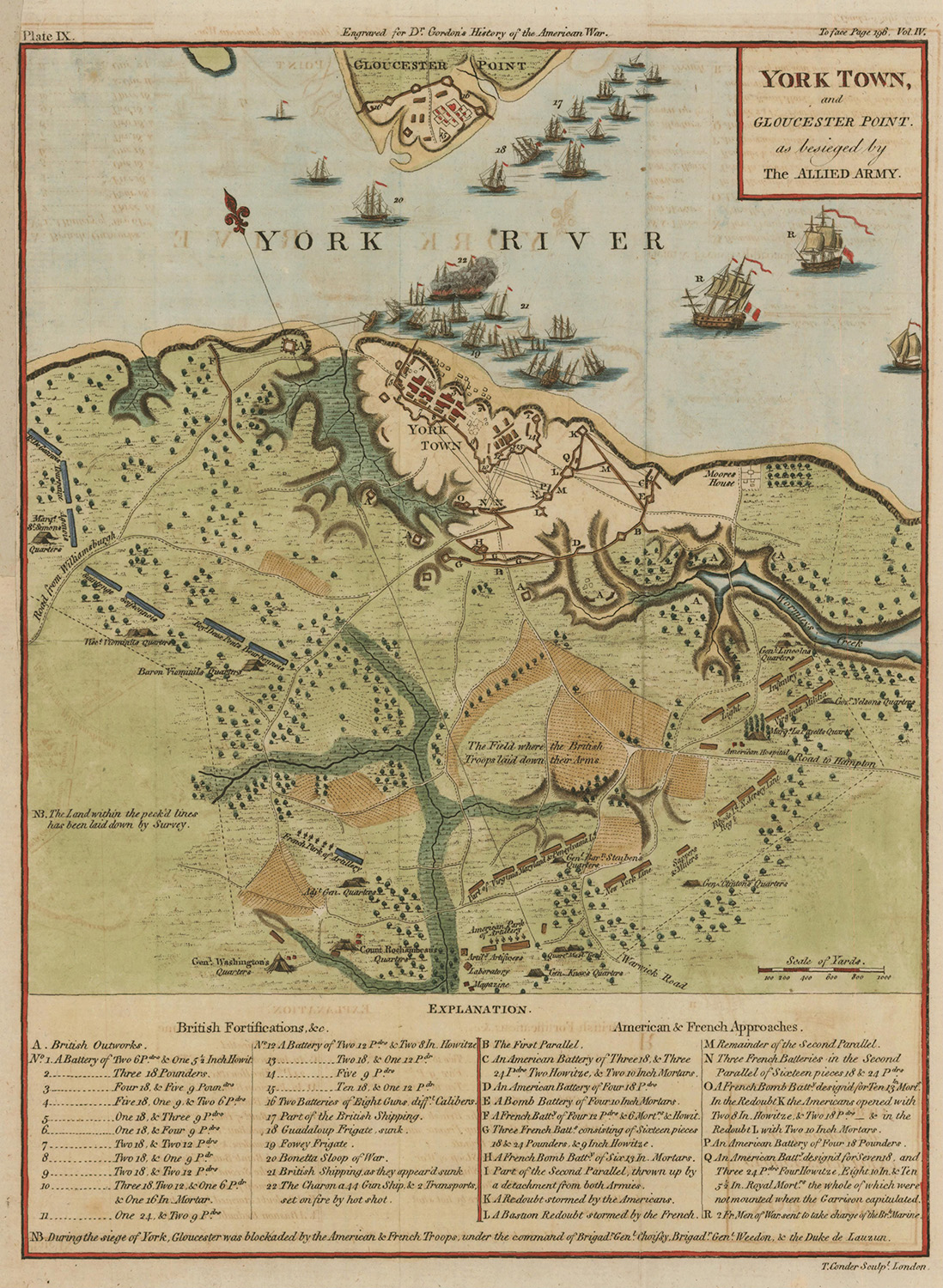 Image of hand-colored map of "York Town, and Gloucester Point: As Besieged by the Allied Army. Engraved for William Gordon’s History of the Rise, Progress, and Establishment of the Independence of the United States"