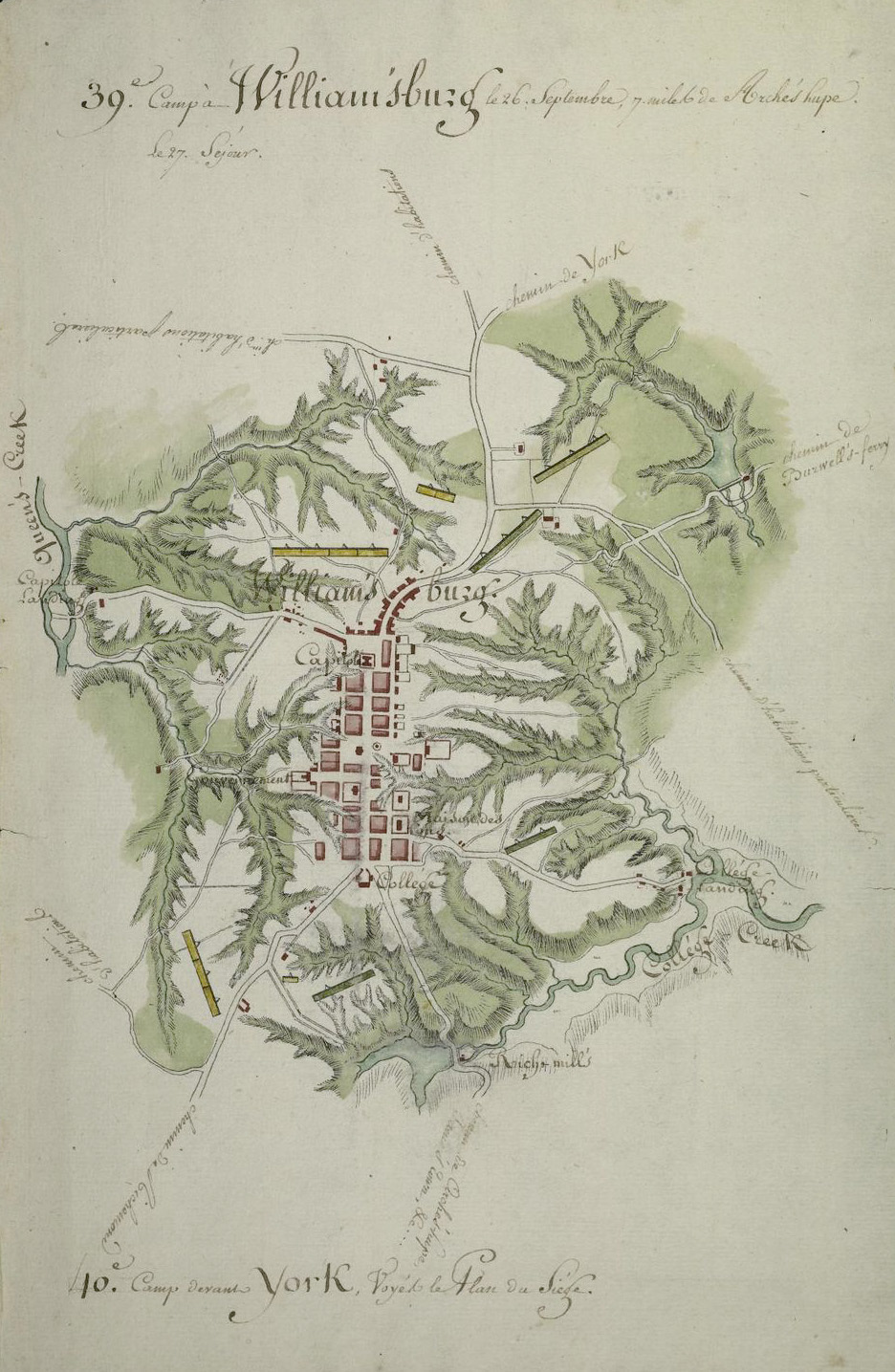Image of hand-sketched map of "Camp à Williamsburg, le 26 Septembre [1781], 7 miles de Arche’s-Hupe"