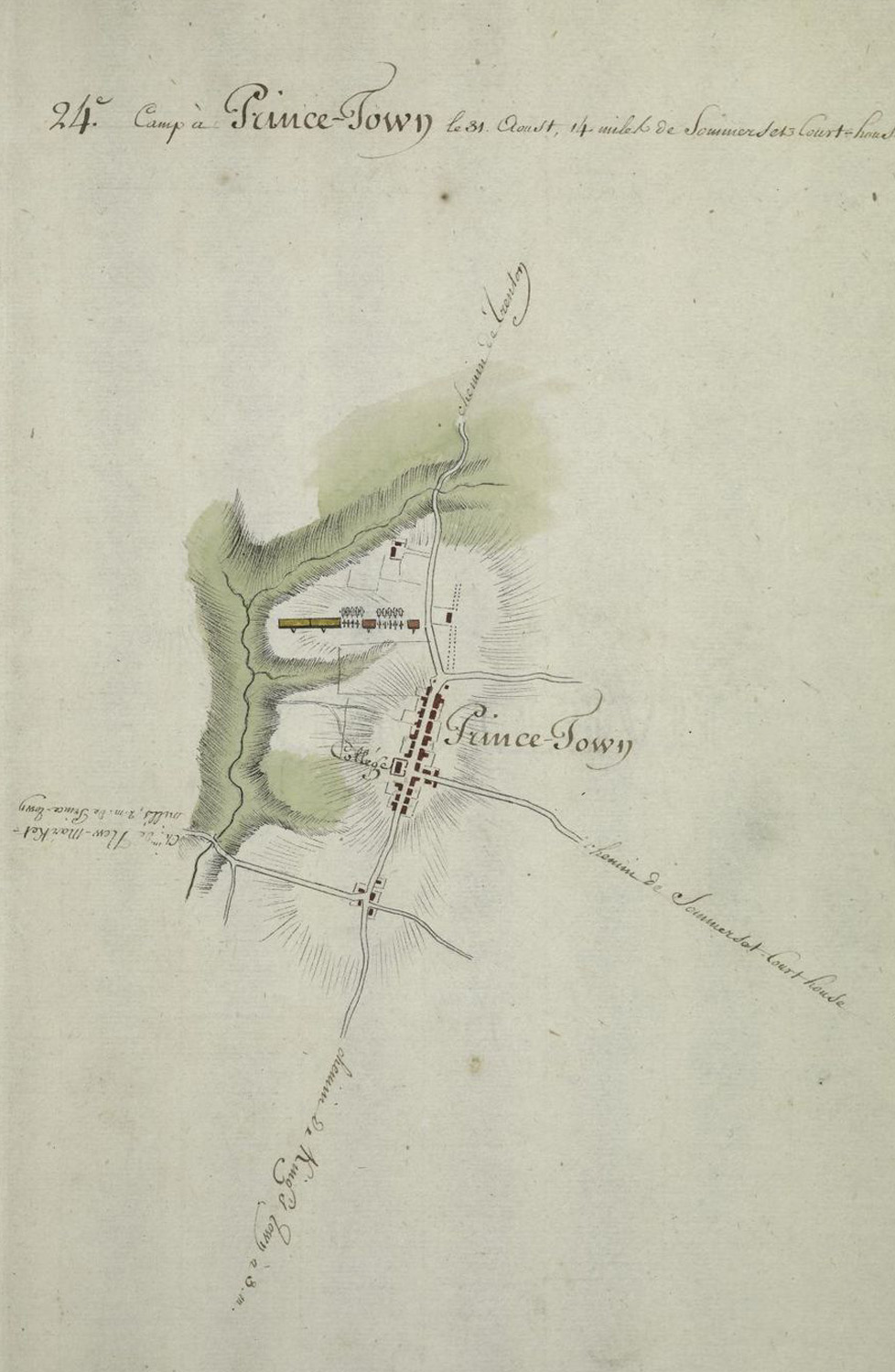 Image of hand-sketched map of "Camp à Prince-Town, le 31 Aoust [1781], 14 miles de Sommerset Court-house"