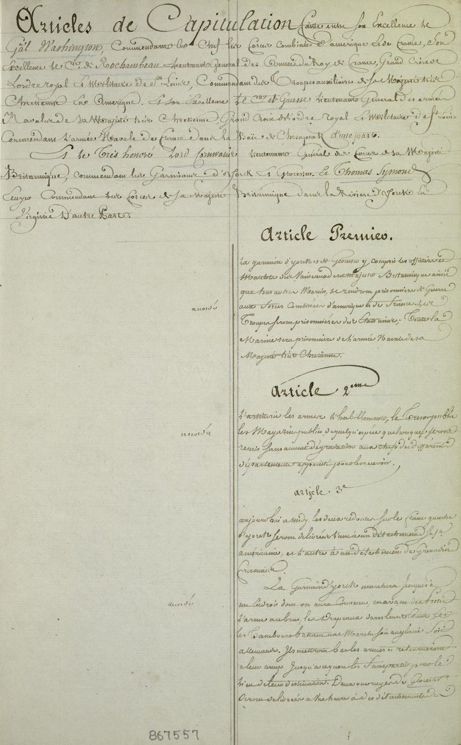 Image of first page of "Capitulation du Siege d’Yorck, October 19, 1781"