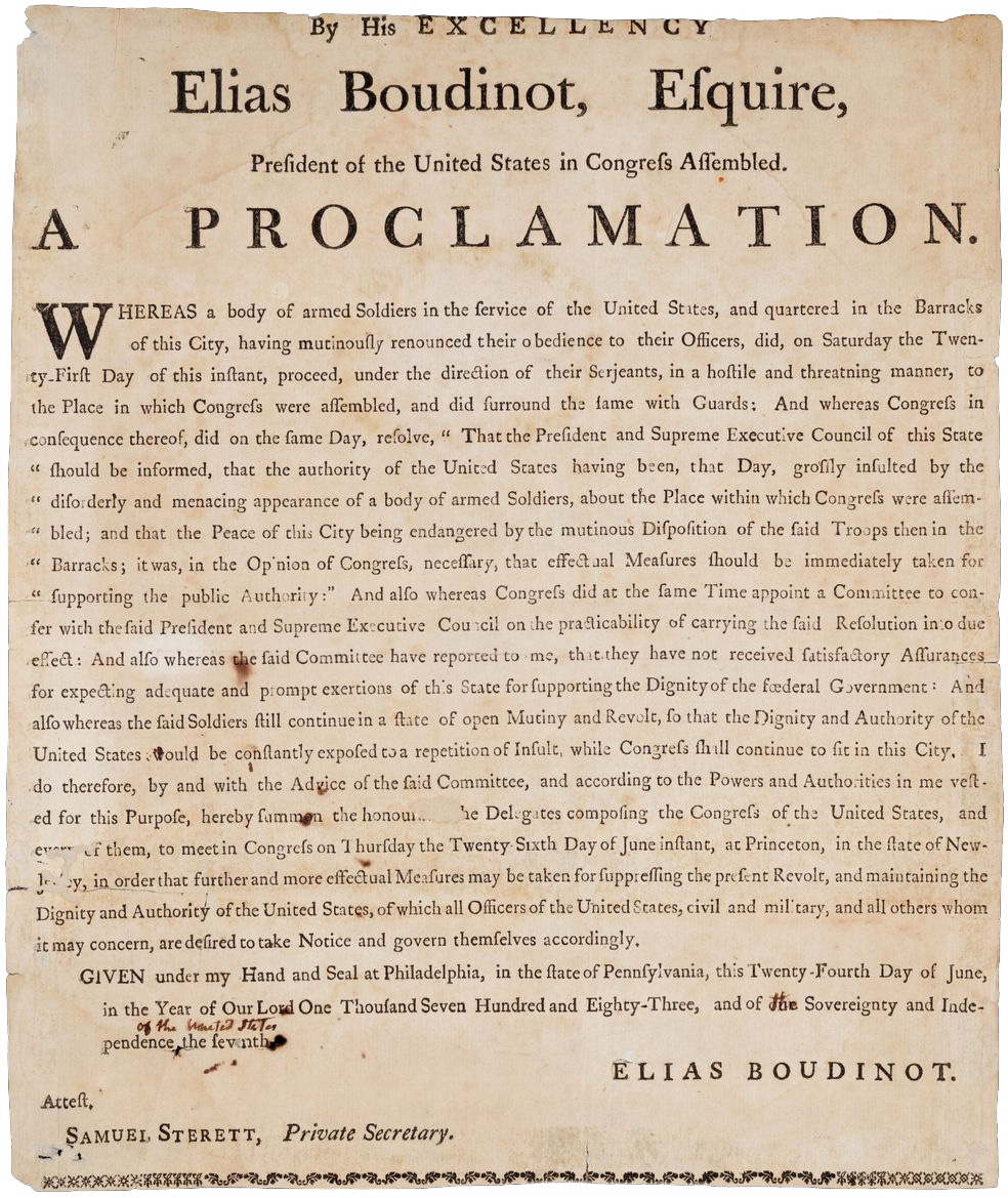 Image of "By His Excellency Elias Boudinot, Esquire, President of the United States in Congress Assembled. A Proclamation, June 24. 1783"