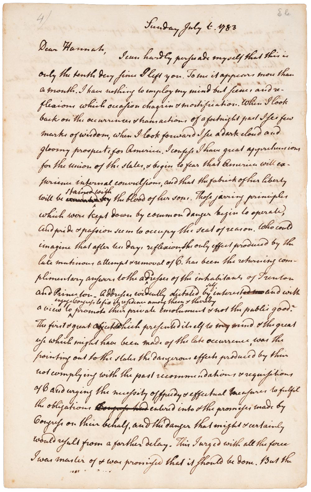 Image of "Letter from Charles Thomson (1729-1824) to Hannah Thomson, July 6, 1783"