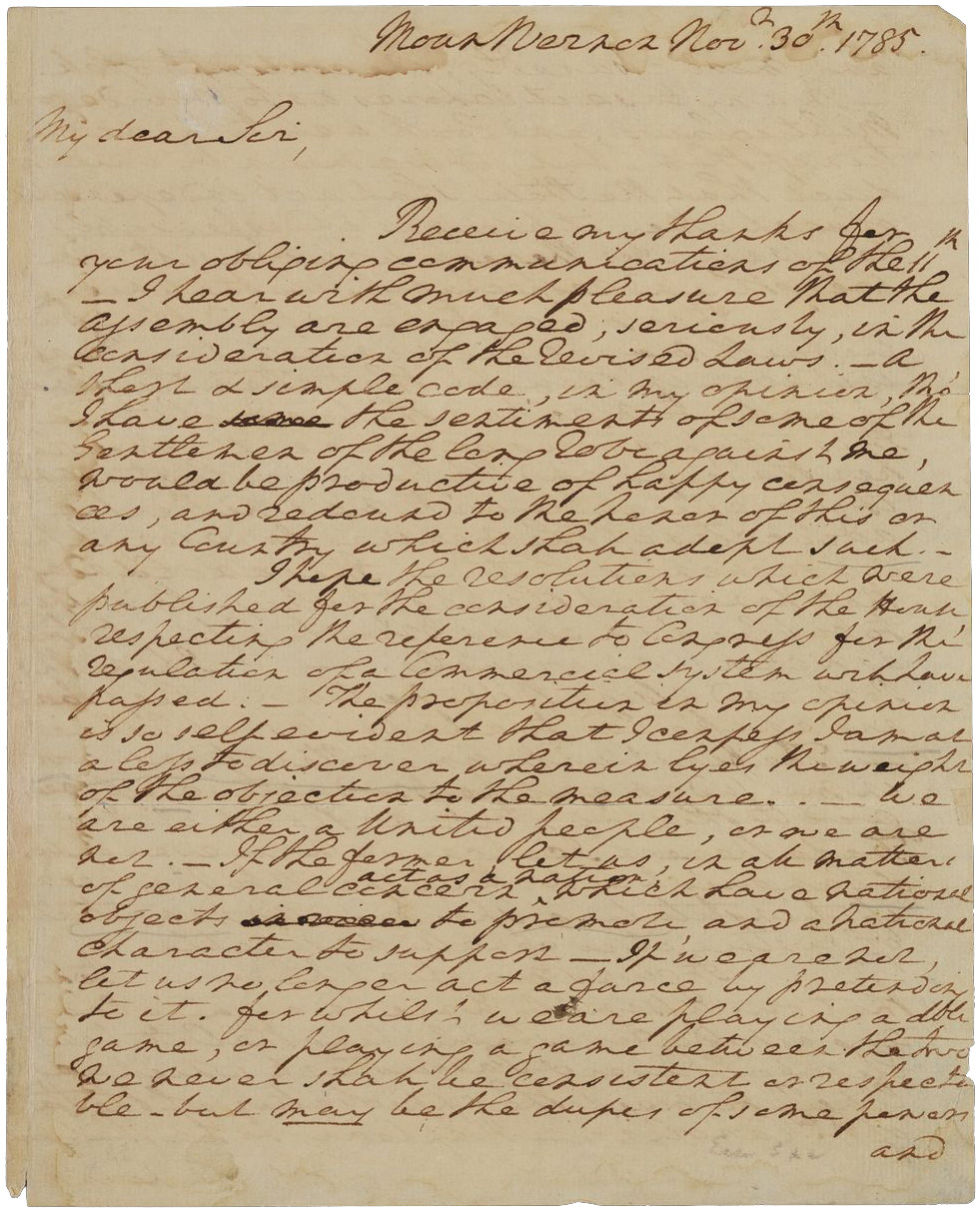 Image of "Letter from George Washington (1732–1799) to James Madison, Class of 1771, November 30, 1785"