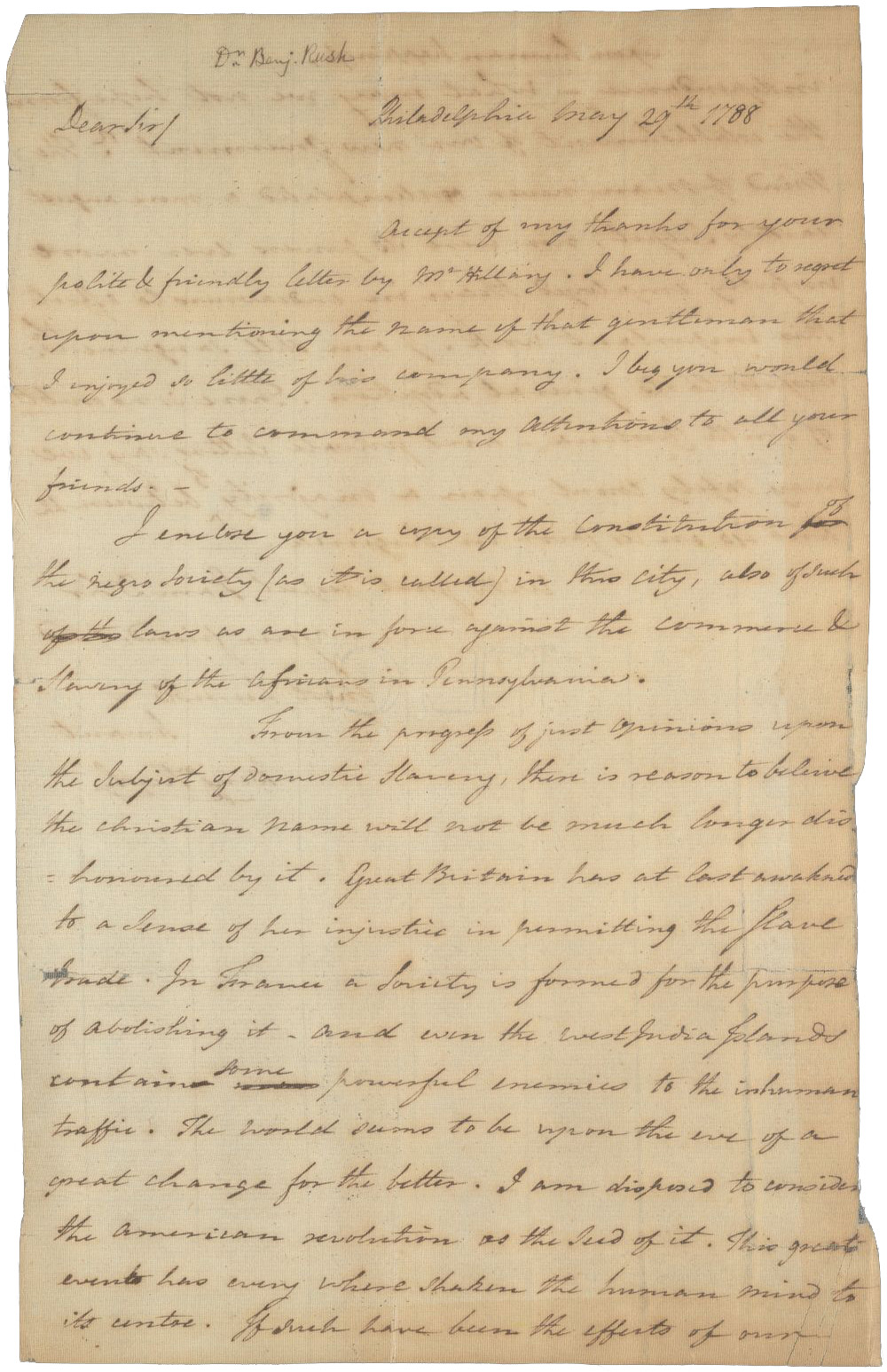 Image of "Letter from Benjamin Rush (1746–1813), Class of 1760, to unknown recipient, May 29, 1788"