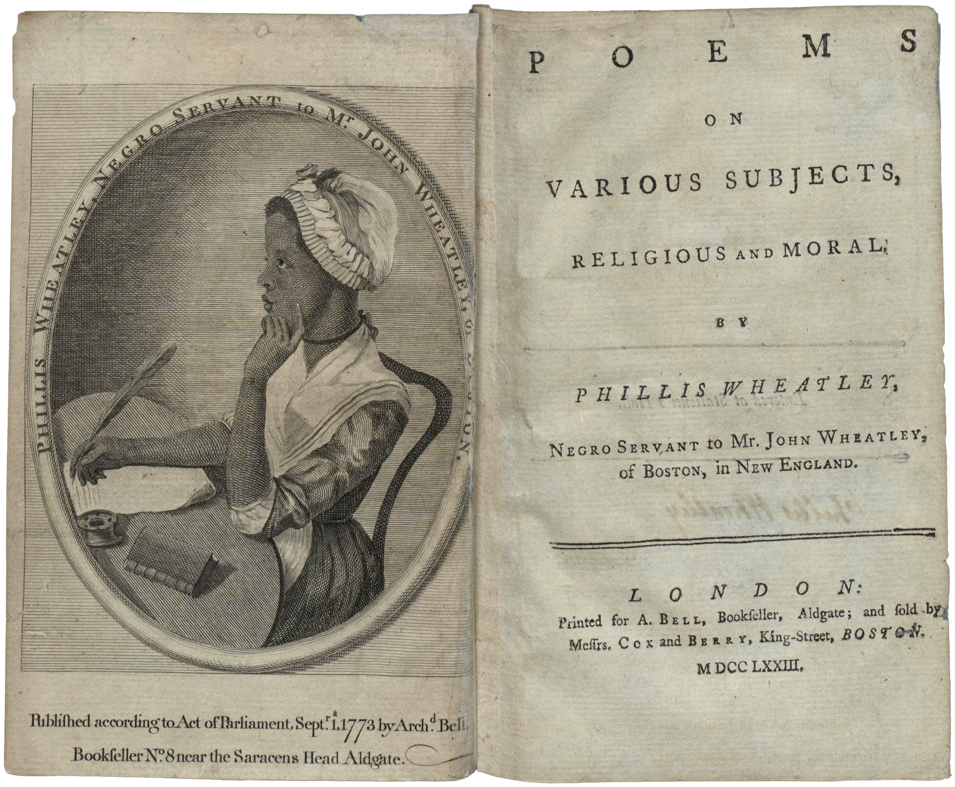 Image of frontispiece and title page from "Poems on Various Subjects, Religious and Moral. By Phillis Wheatley, Negro Servant to Mr. John Wheatley, of Boston, In New England"