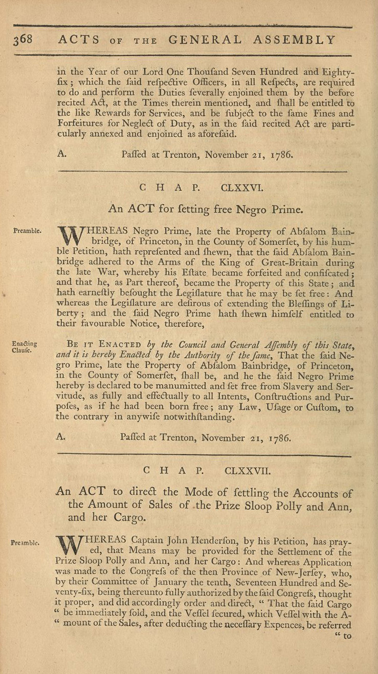 Image of page from "“An Act for Setting Free Negro Prime,” November 21, 1786. Acts of the Eleventh General Assembly of the State of New-Jersey"
