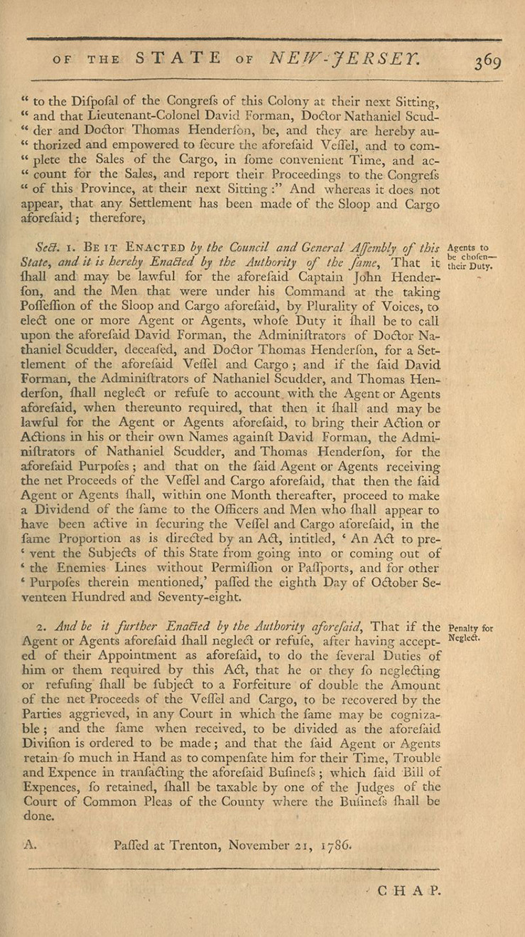 Image of page from "“An Act for Setting Free Negro Prime,” November 21, 1786. Acts of the Eleventh General Assembly of the State of New-Jersey"