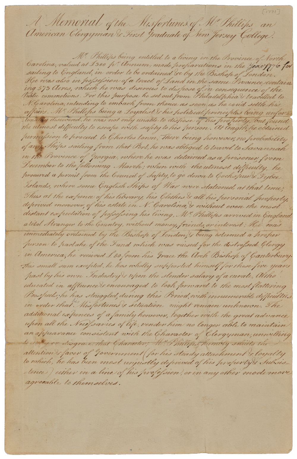 Image of “A Memorial of the Misfortunes of Mr. Phillips an American Clergyman & First Graduate of New Jersey College,” circa 1781