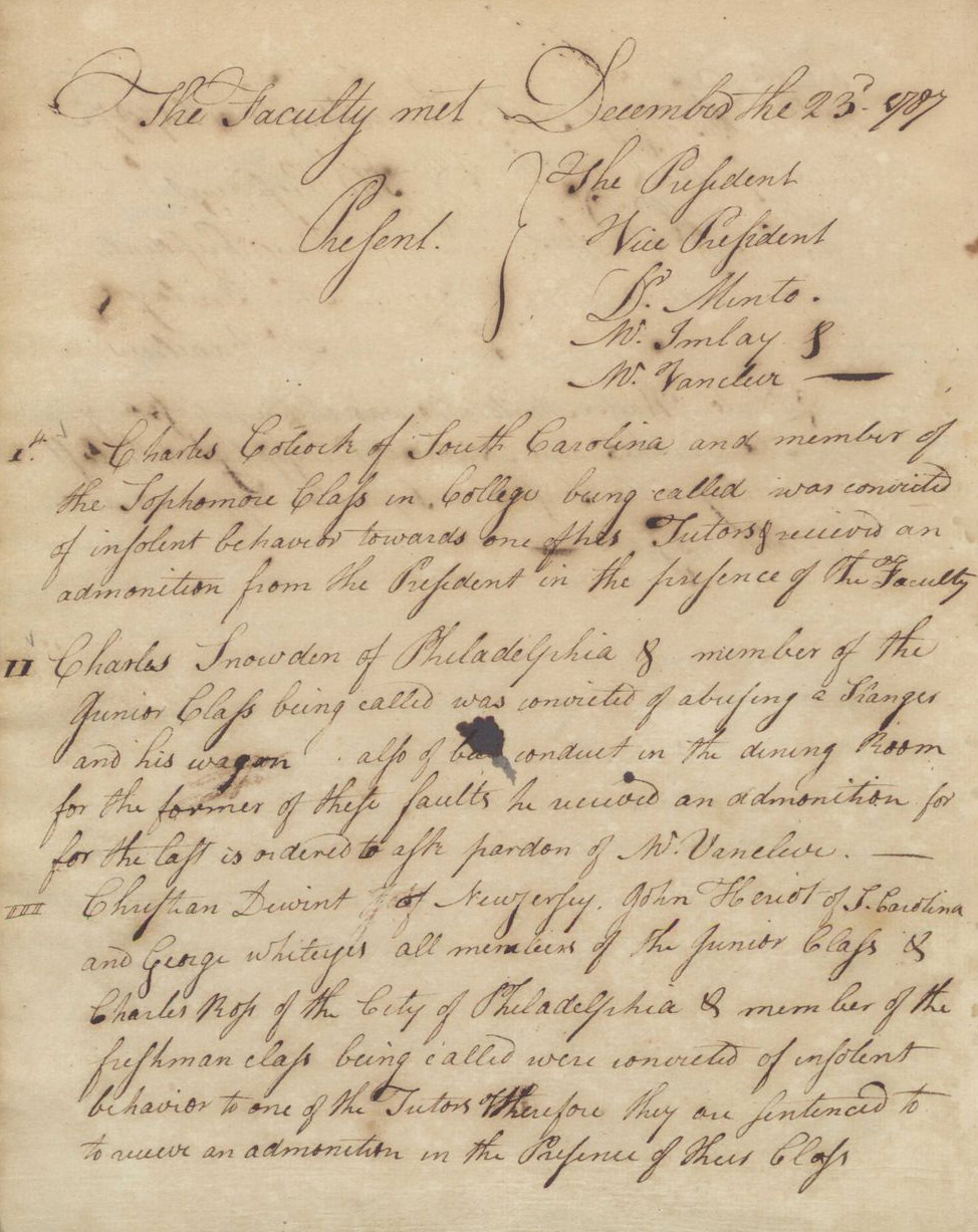 Image of handwritten "Resolves and Minutes of the Faculty, December 23, 1787"