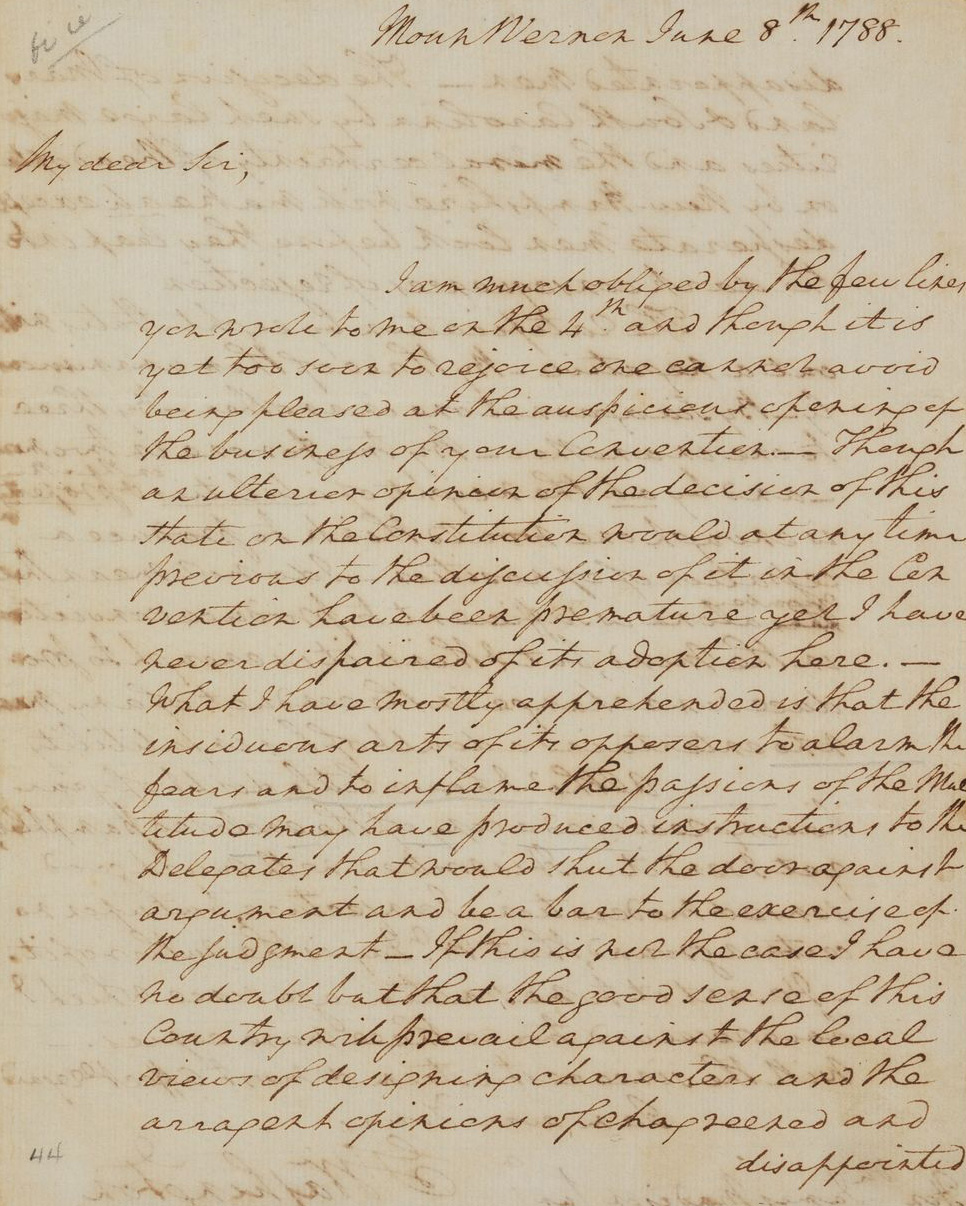 Image of handwritten "Letter from George Washington (1732–1799) to James Madison, Class of 1771, June 8, 1788"