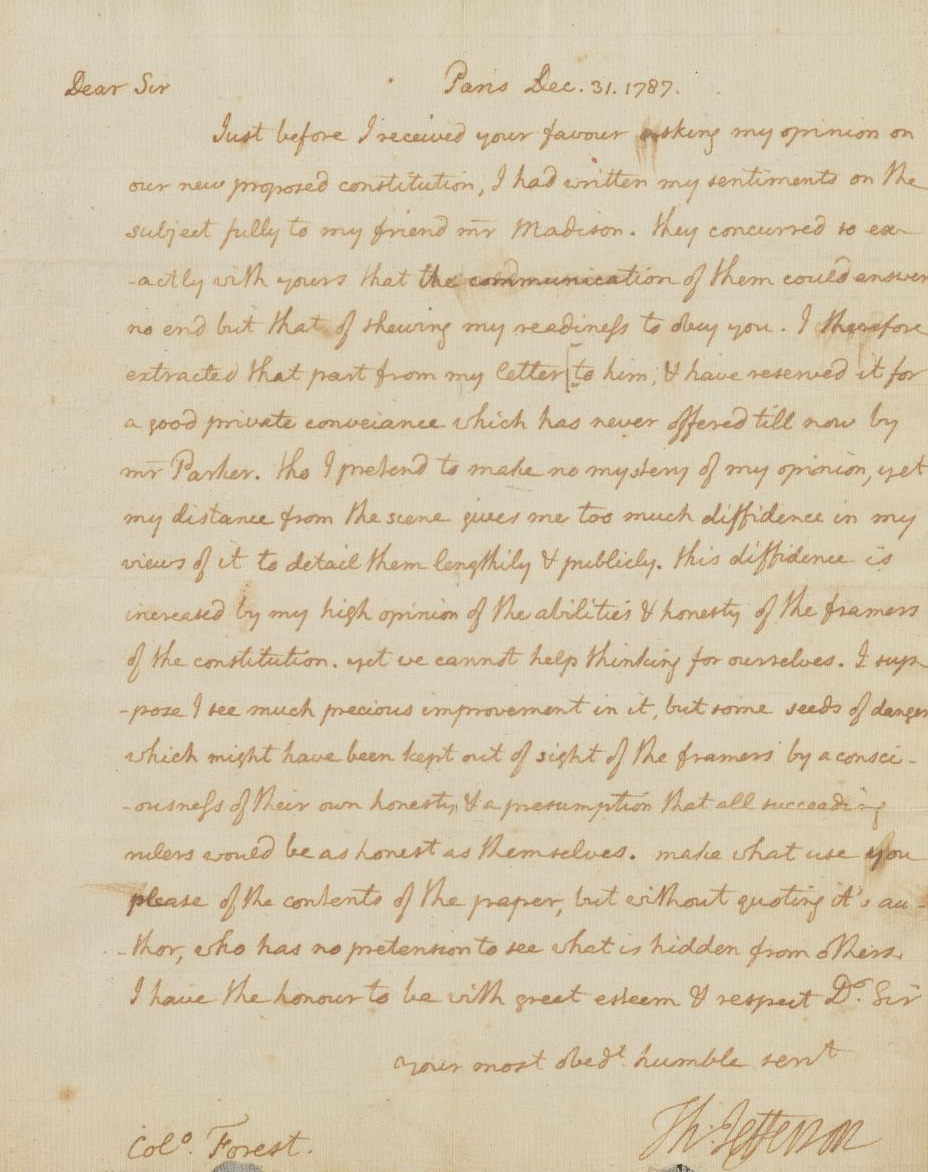 Image of handwritten "Letter from Thomas Jefferson (1743–1826) to Uriah Forrest, December 31, 1787"