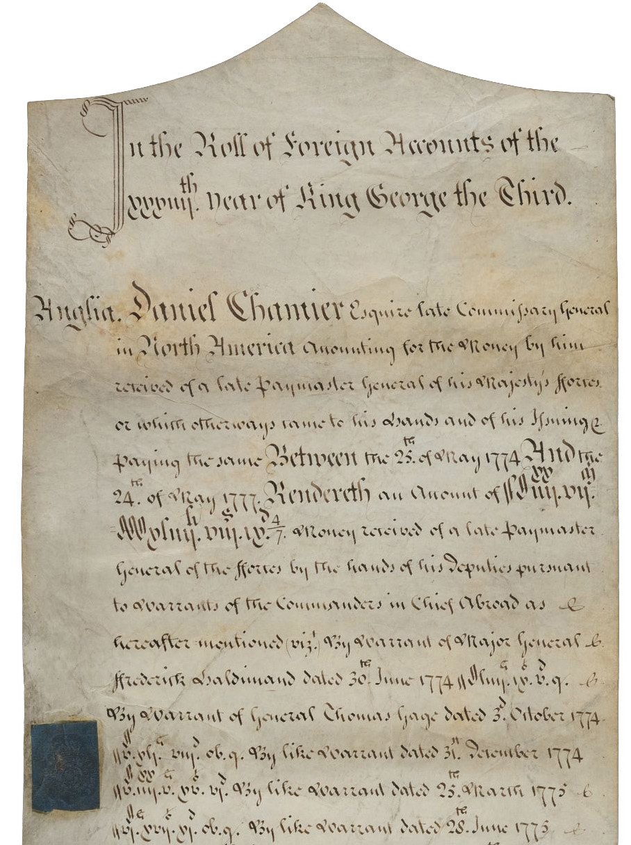 Image of top segment of “In the Roll of Foreign Accounts of the XXXIIIIth year of King George the Third . . . [for] Daniel Chamier . . . Between the 25th of May 1774 and the 24th of May 1777,” circa 1794