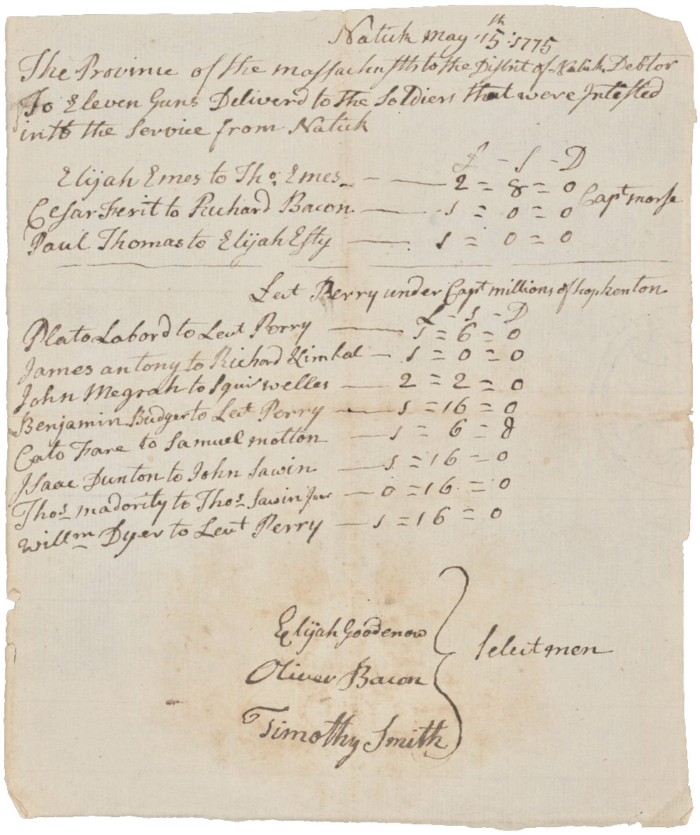 Image of "Revolutionary War weapons receipts, Natick (Mass.), May 15, 1775"