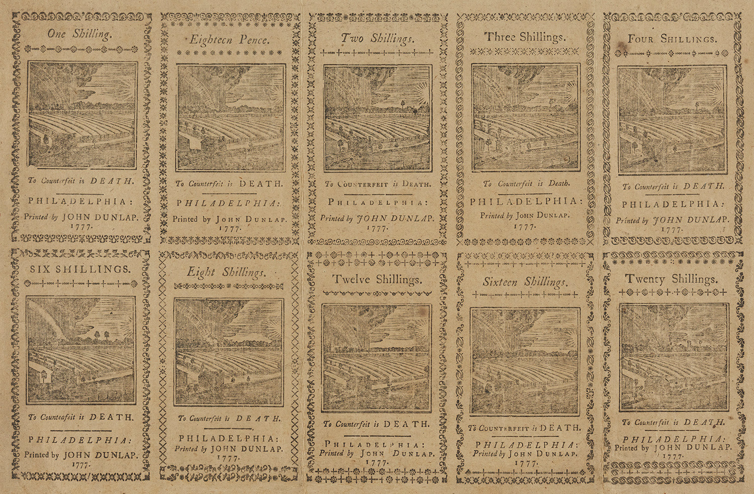 Image of uncut sheet of Pennsylvania shillings, "Pennsylvania currency, 1777"