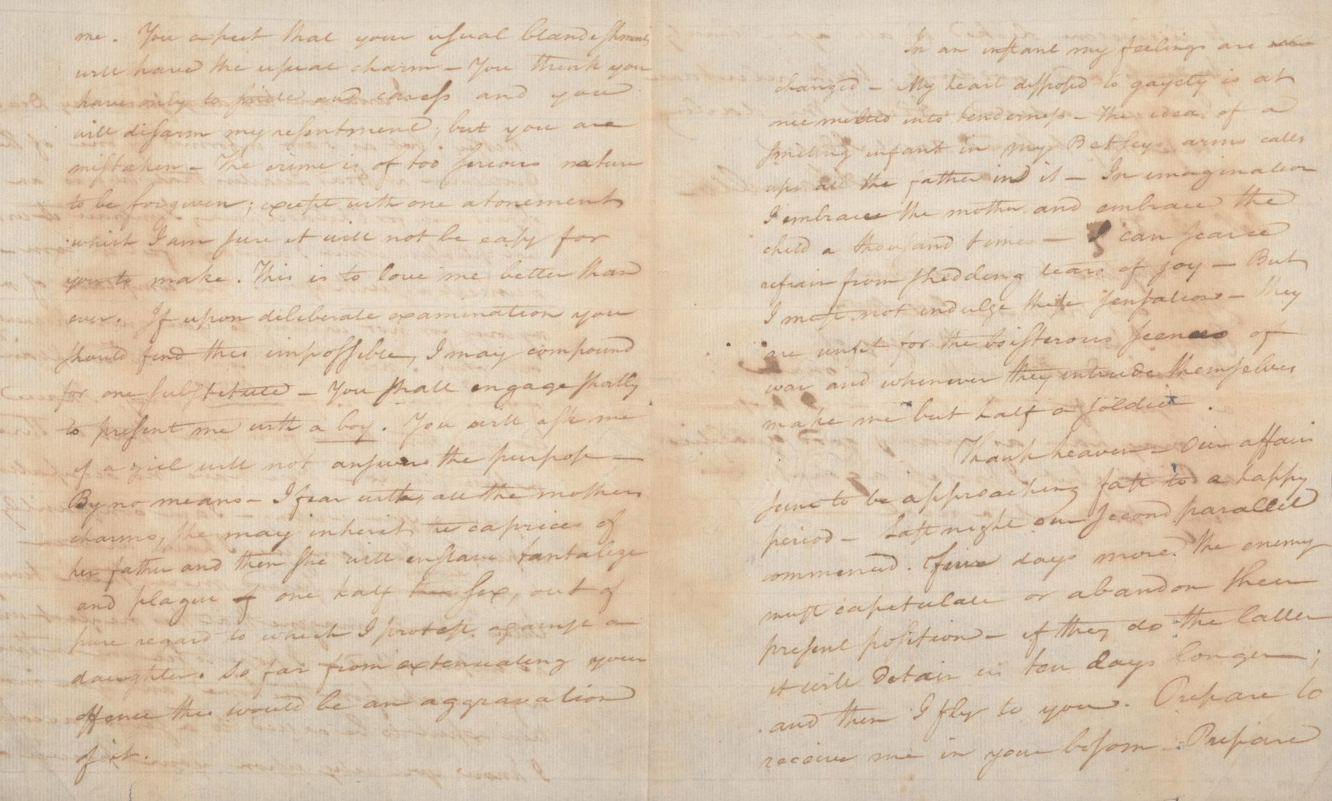 Image of two pages from "Letter from Alexander Hamilton (1755 or 1757-1804) to Elizabeth Schuyler Hamilton, October 12, 1781"