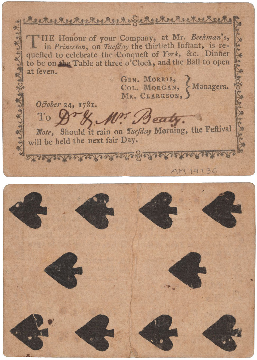 Image of front and back side of an "Invitation to a ball celebrating the victory at Yorktown, on the back of a playing card, October 24, 1781"